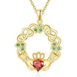 Dreamboat Sterling Silver Claddagh Necklace for Women Celtic Knot Irish Necklace Clover Shamrock Necklaces Gold Red Ruby July Birthstone Necklace Luck ST Patricks Day Jewelry Gift for Mom, Large,