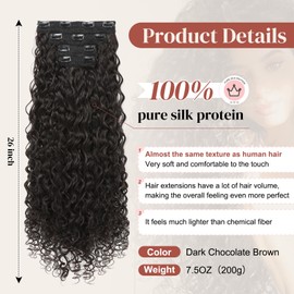 LONAI 4PC Clip in Hair Extensions, 100％ Pure Protein Silk Curly Hair Extension for Women, 26 Inch Long Soft Natural Hair Extensions-Dark Chocolate Brown