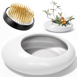 Flower Frog Vase Kit, 2-Inch Brass Florist Frog for Arrangements and Ceramic Water Drop Pot, Elegant Ikebana Flower Holder for Cut Flowers, Floral Decor Kit (White Large Size)