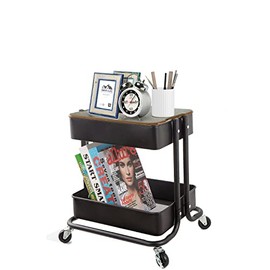 2-Tier Metal Utility Rolling Cart Storage Organizer with Cover Board Mobile Trolley Sofa Side Table with Wheels for Office Home Kitchen Organization Black