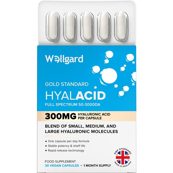 Vegan Hyaluronic Acid Supplements, 50 to 3000 DA, by Wellgard - Hyaluronic Acid Capsules, Made in UK