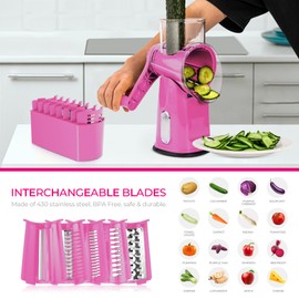 SUSTEAS Rotary Cheese Grater with Handle - Vegetable Shredder with 5 Well-designed Blades & Strong Suction Base,Round Mandoline Slicer & Food Chopper for Kitchen,with Blade Storage Box(Pink)