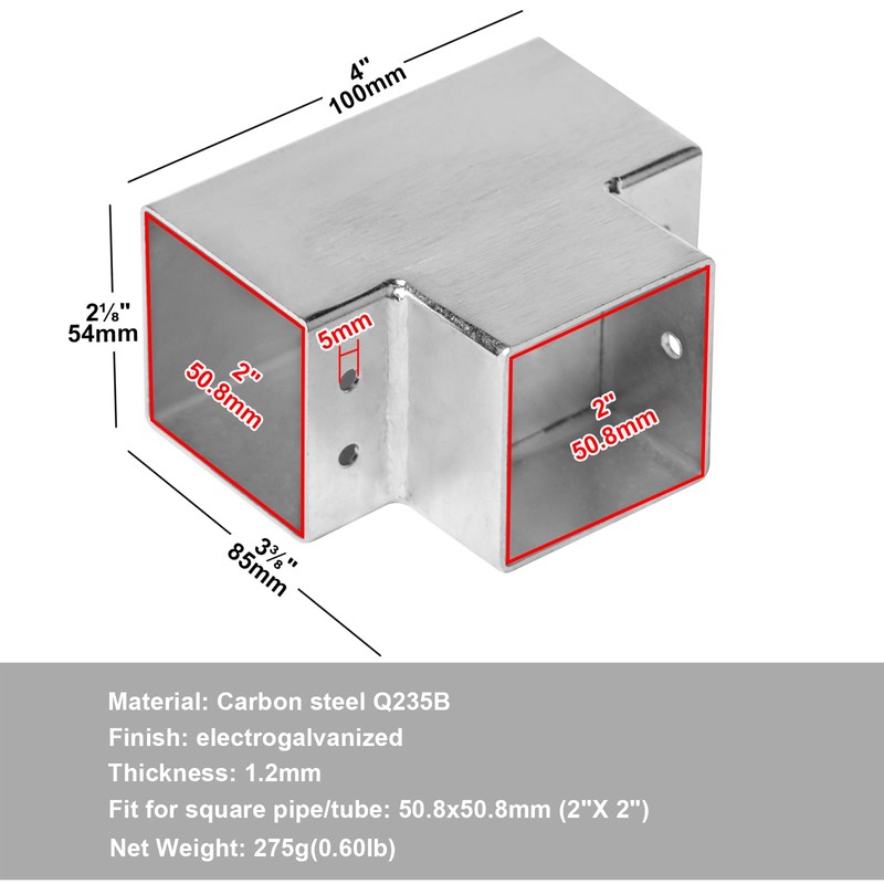 8PCS Square Tube Fittings - 3 Way Connector for 2"