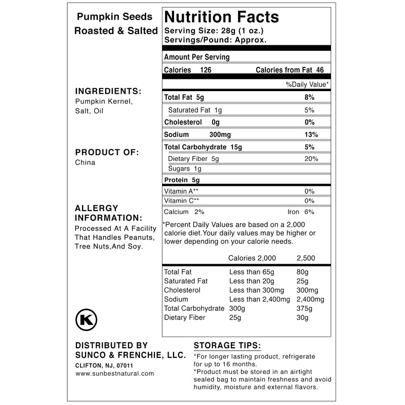 Sunbest Natural Pumpkin Seeds, Roasted, Salted, Shelled, Non-GMO, Vegan, Kosher,