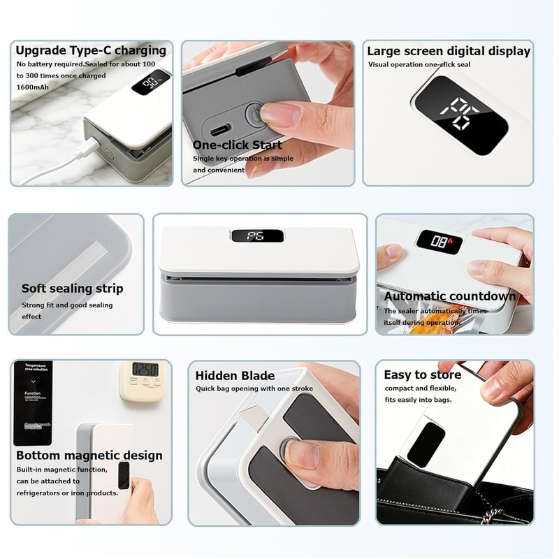 Mini Bag Sealer,6-Speed Adjustment and LED Display,Portable Mini Bag Sealer