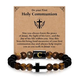 Casxyue First Holy Communion Gift For Boys Cross Bracelets With Initial For Son Grandson Confirmation Christian Gifts (C)