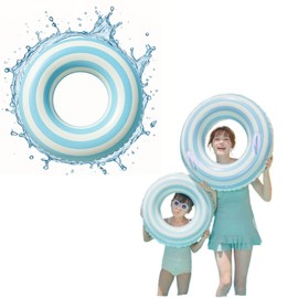 wemitas Swim Ring for Adults and Children, 39.4 inches (100 cm), 47.2 inches (120 cm), Large Float, Includes Handheld, Air Pump Correction Tape Set (Stripe, Blue, 27.6 inches (70 cm)