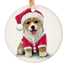 Dadidyc Cute Corgi Christmas Watercolor Ornament 2021 Dog in Christmas Hat Cute Animal Creative 3" Round Ceramic Ornament with Gift Box Xmas Present