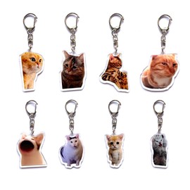 FXiaoy Kawaii Cat Acrylic Keychain Set - 8pcs Charming Anime Cartoon Cat Themed Charm Keychains, Round Shaped Funny Meme Keyrings, Decorative Car Key Chains, Ideal for Key Decoration