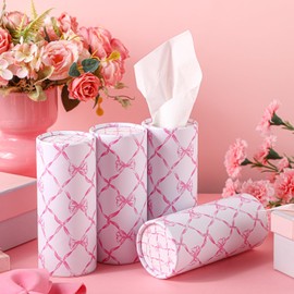 Faccito 4 Pack Car Tissues Holder Cylinder with Facial Tissues Bulk Pink Bow Ribbons Trellis 3-ply Round Portable Travel Tubes Box Container for Cup Holder Home Office Bathroom Coquette Accessories