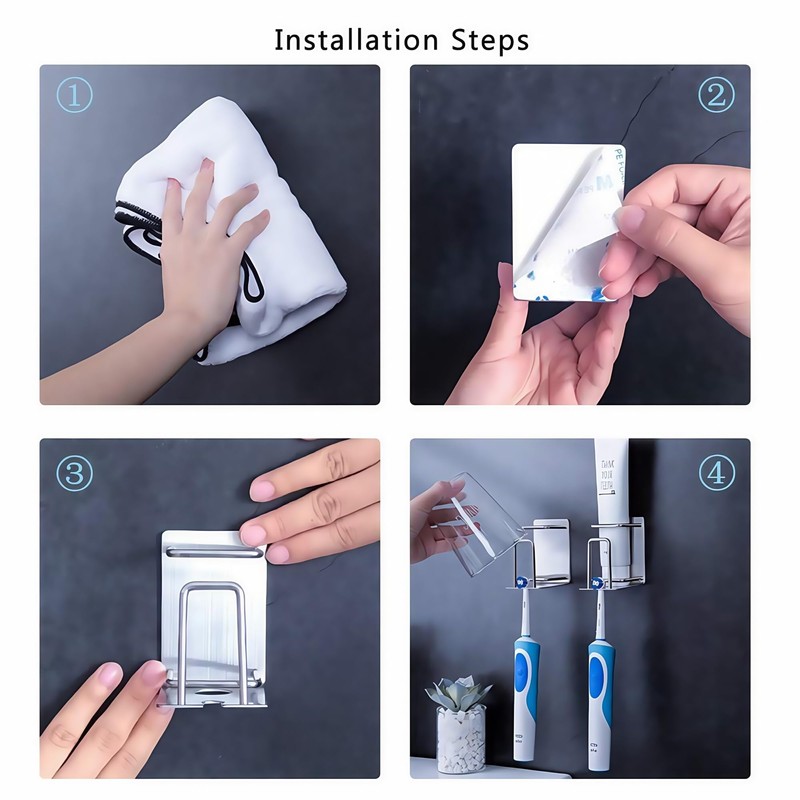 HANZE Toothbrush Holder 304 Stainless Steel Adhesive Wall Mounted 3