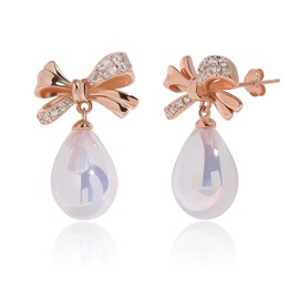 Meissa Dainty Bridal Bow Dangle Earrings for Women Gold Plated Pearl Drop Earring 925 Sterling Silver Diamond Earring Prom Wedding Jewelry Gift, Rose Gold