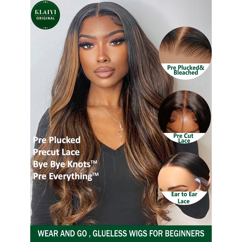 KLAIYI Pre Everything 13x4 Glueless Wig Ombre Brown Body Wave