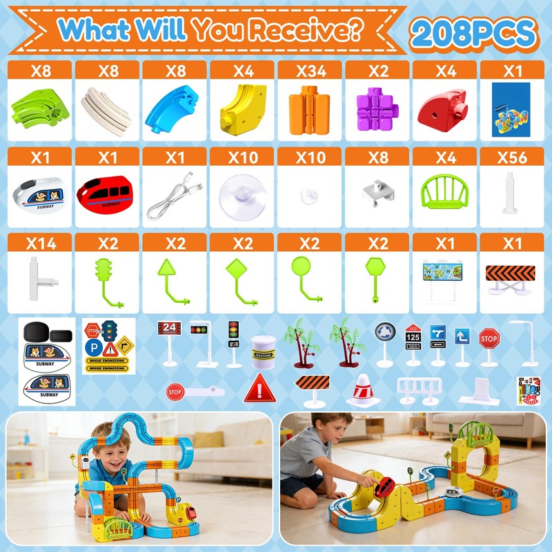 Electric Train Set for Kids Ages 3-8, 208Pcs 3D Flexible