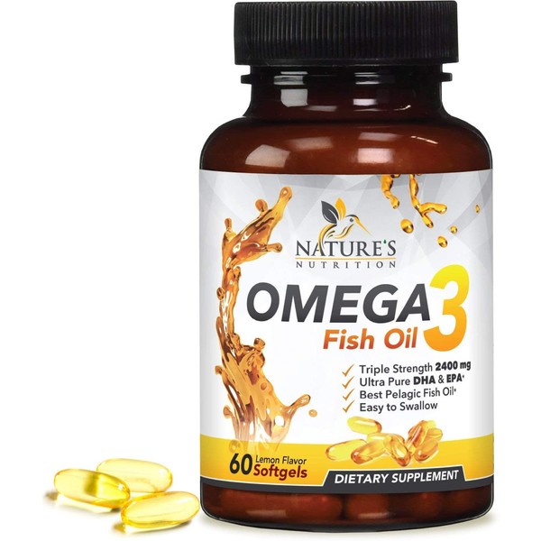 Omega 3 Fish Oil Supplement, Triple Strength 2400mg High Epa and Dha, Made in USA, Natural Heart and Brain Support for Men and Women, Non GMO, Lemon Flavor - 60 Softgels