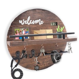 DAAIXC Key Holder for Wall Decorative,Round Wooden Key Hooks Wall Mounted with Shelf and Hooks Key Rack Organizer for Entrance Area Mudroom Hallway Kitchen Office (Brown)