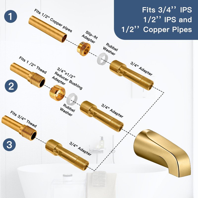 Brushed Gold Tub Spout Without Diverter, Shower Faucet,Brass Adapter,5.3"