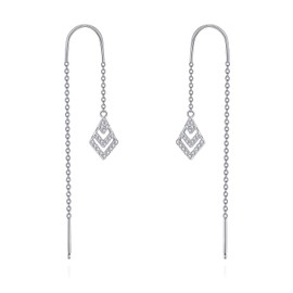VONALA Threader Earrings 925 Sterling Silver Heart/Star Drop Long Earrings Jewellery Gifts for Women Girls, Sterling Silver