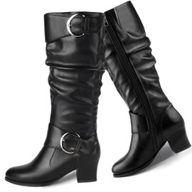 Pixoecuty Wide Calf Riding Boots Women Knee High Slouch Round Toe Buckle Victorian Tall Boots Chunky Block Mid Heel Knee-High Boots Side Zipper Black US 8