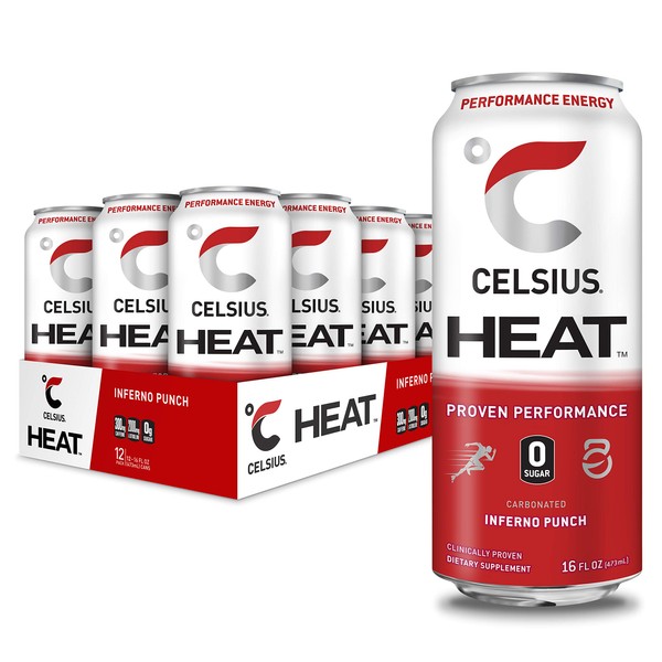 CELSIUS HEAT Inferno Punch Performance Energy Drink, Zero Sugar, 16oz. Can (Pack of 12)