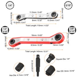 sourcing map 4pcs HVAC Service Wrench Set 1/4" 5/16" 3/16" 3/8" 25° 16-Teeth Air Conditioner Valve Reversible Ratchet Wrench with Hexagon Bit Adapter for Refrigeration Equipment Repair, 2 Color
