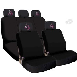Yupbizauto New Brand Universal Size Flat Black Cloth Car Seat Covers Full Set with 4 Embroidery Red Pink Hearts Logo Headrest Covers
