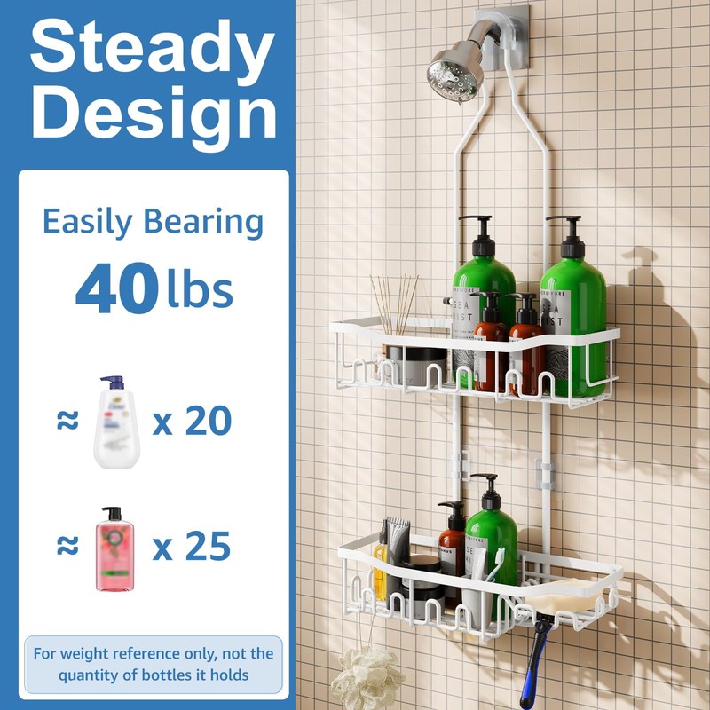 Joqixon Upgraded Extended Length Shower Organizer with Hooks, Rustproof Shampoo