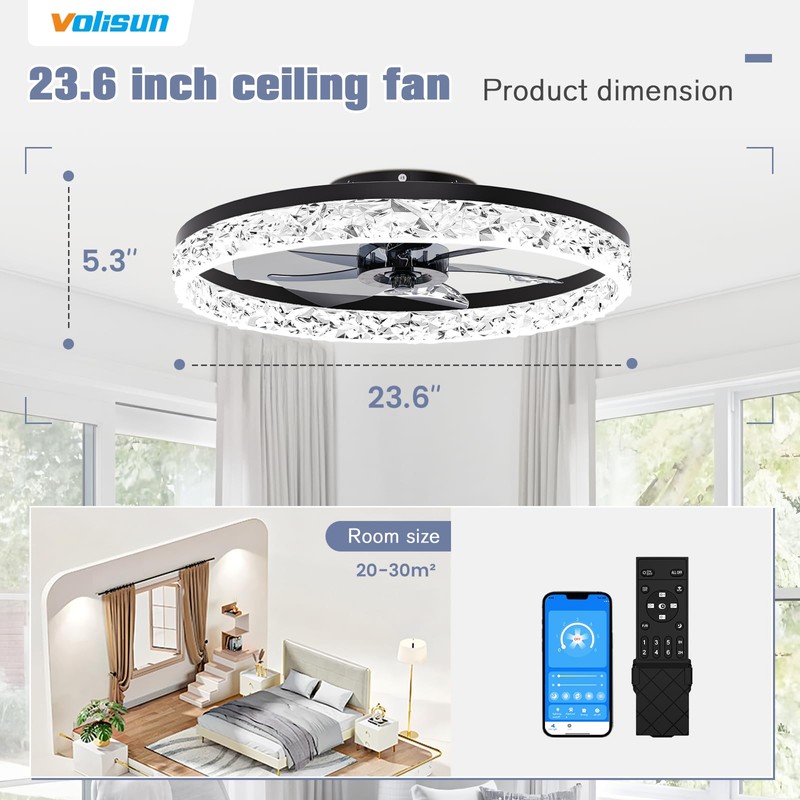 VOLISUN Low Profile Ceiling Fans with Lights and Remote, 23.6in