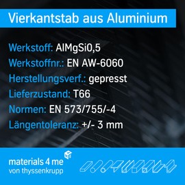 thyssenkrupp Square Profile Aluminium 10 x 10 mm in 1500 mm Length | Aluminium Square Bar | EN AW-6060