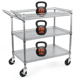 BolDuck Heavy Duty Utility Cart on Wheels,990Lbs Capacity 3 Tier Rolling Carts with Wheels,Kitchen Cart on Wheels with Storage,Commercial Grade Metal Serving Cart with Wire Shelving &Handle Bar,Silver