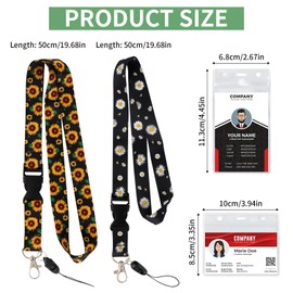 X-BLTU 2 Pcs Daisy Sunflower Lanyards with 4 Pcs Waterproof Card Holders, Clear Plastic ID Card Holder and Lanyard, Name Tag Badge Card Holder with Neck Lanyard for Women, Teachers, Students