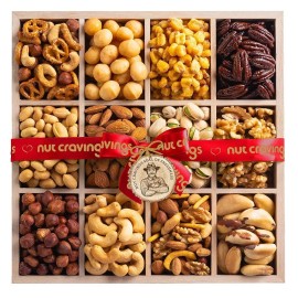 Nuts Gift Basket in Wooden Tray + Red Ribbon (12 Piece Assortment)