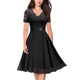 MISSMAY Women's Vintage V-Neck Floral Lace Contrast Chiffon Prom Party Dress (Large, Black)