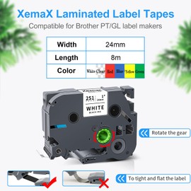 6 x XemaX Compatible Label Tape for Brother P-touch Tapes TZe-251 TZe-151 TZe-451 TZe-551 TZe-651 TZe-751 TZe 24 mm for Brother PT-2480 P700 H500 D600 E500 P750W, White Transparent Red Yellow Blue