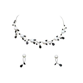 Faship Gorgeous Black CZ Crystal Genuine 10mm Freshwater Pearls Floral Necklace Earrings Set - Black