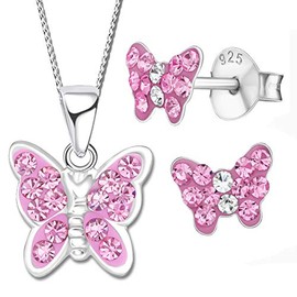 Children's Girls' Jewellery Set 925 Sterling Silver Cubic Zirconia Butterfly Earrings with Chain, Sterling Silver, Cubic Zirconia