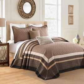 QuiltMuse Farmhouse Bedspreads Queen Size 102"x120" - 100% Cotton Lightweight Queen Quilt Set with 2 Pillowshams, Cottage Plaid Oversize Queen Quilted Bedding Cover for All Season, Brown/Beige
