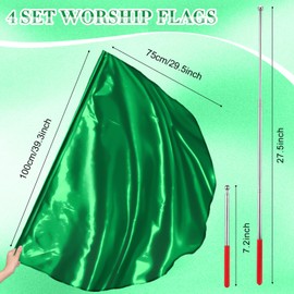 HunnmingRe 4 Set Worship Flags for Dance 29.5 x 39.3 Inch Praise Church Flags with 4 Pcs Scalable Rod for Girls Adults Practice Performance, Semicircle Angel Wing Design(Green)