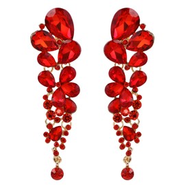 EVER FAITH Red Clip On Earrings for Women, Sparkly Rhinestone Crystal Wedding Bridal Teardrop Non Piercing Earrings for Non Pierced Ears