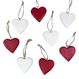 Set of 8 Red & White Heart Pendants 4.5 x 5 cm Wooden Hearts Flat with Jute Ribbon
