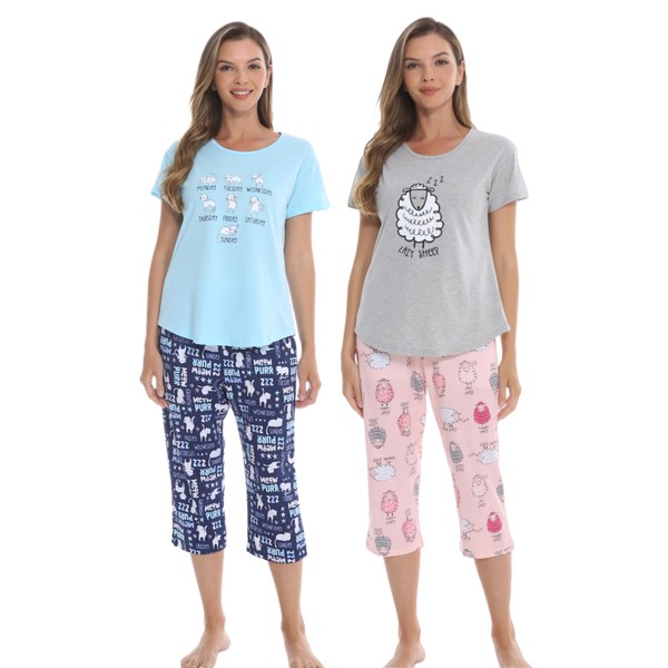 dodoin 2 Pack Womens Pajamas Set Cotton Sleepwear Short Sleeve