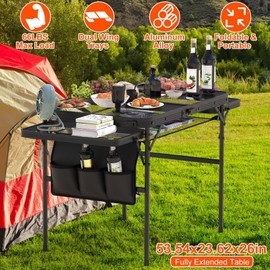 Zorpupoa Folding Camping Table Grill Table, Portable Aluminum Alloy Picnic Table with 2 Wing Panels, Height Adjustable Outdoor Grill Table for Picnic, Camping, Beach and BBQ,54" L x 24" W