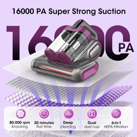 Bed Mattress Vacuum Cleaner Cordless 16Kpa Handheld Vacuum, Vacuum Cleaner with 253.7nm UV-C Light,HEPA Filter & Ultrasonic, Portable Vacuums for Bed Sofa Couch Crib Birthday Gifts for women men her