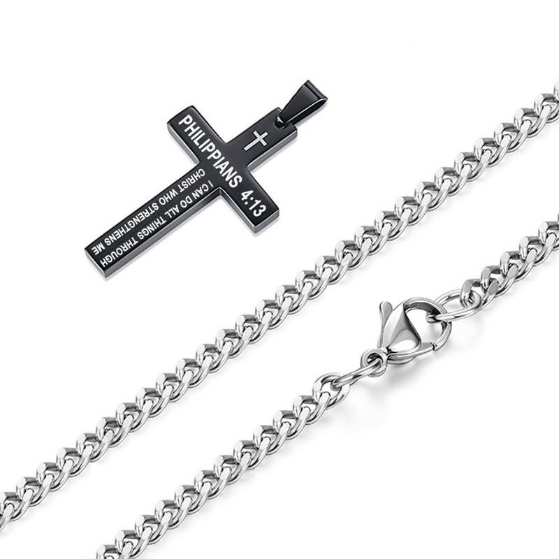 Amison Bible Verse Philippians 4:13 Cross Pendant Necklace Stainless Steel