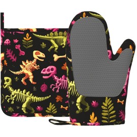 Dinosaur Skeleton Oven Mitts and Pot Holders Sets Non-Slip Silicone Surface for BBQ Gloves,Kitchen,Cooking,Baking,Grilling