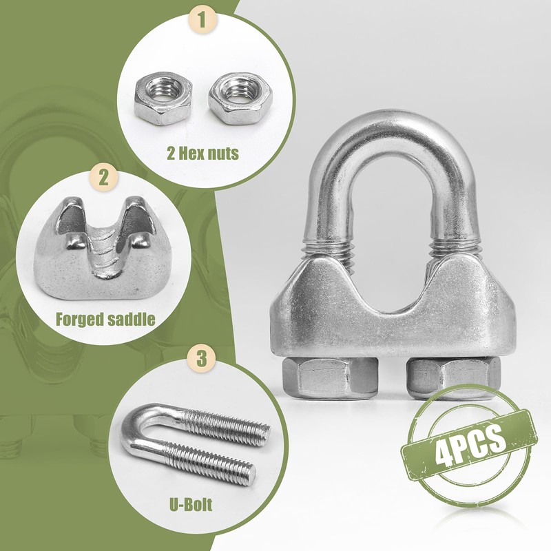 Jamiikury 4pcs M5 Wire Rope Clamp, 3/16 inch Cable Clamps