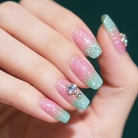 French Tip Press on Nails Medium Square Fake Nails with Designs Rhinestone Glue on Nails Pink Green Gradient Acrylic False Nails Reusable Artificial Nails Press ons Glitter Stick on Nails for Women