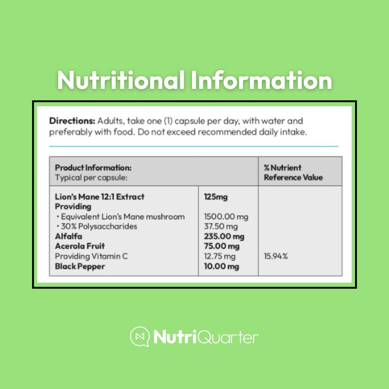 NutriQuarter Lion's Mane Complex, 125mg Mushroom Extract, with Alfalfa, Acerola