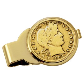 American Coin Treasures U.S. Coin Money Clip - Silver Barber Half Dollar Layered in Pure 24k Gold | Brass Moneyclip | Holds Currency, Credit Cards, Cash | Certificate of Authenticity