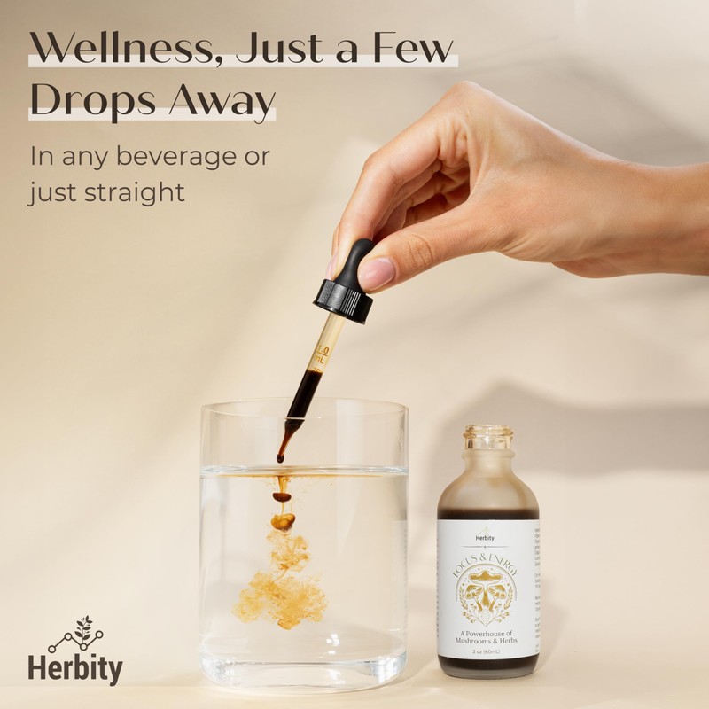 Herbity Focus & Energy Natural Mushroom Tincture - Adaptogenic Mushroom
